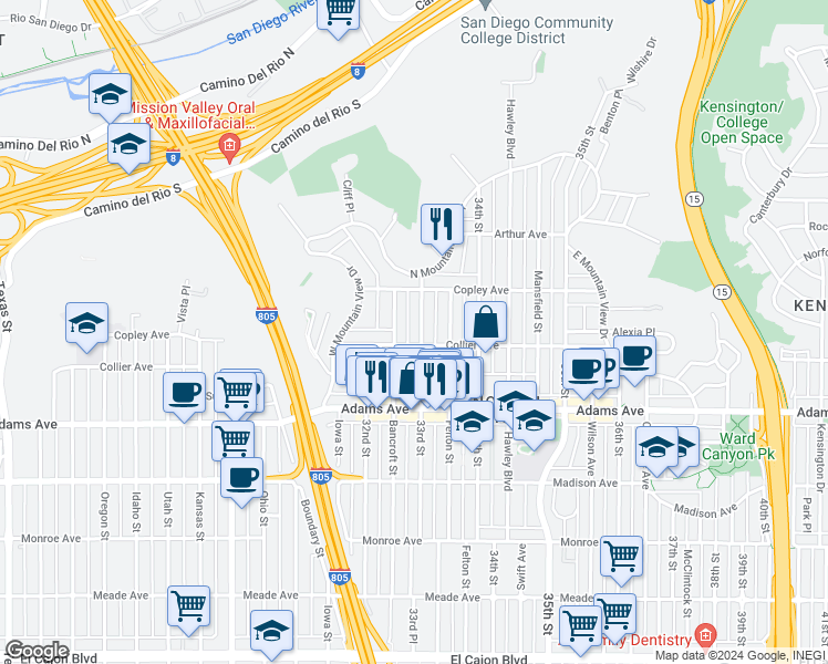 map of restaurants, bars, coffee shops, grocery stores, and more near 4818 33rd Street in San Diego