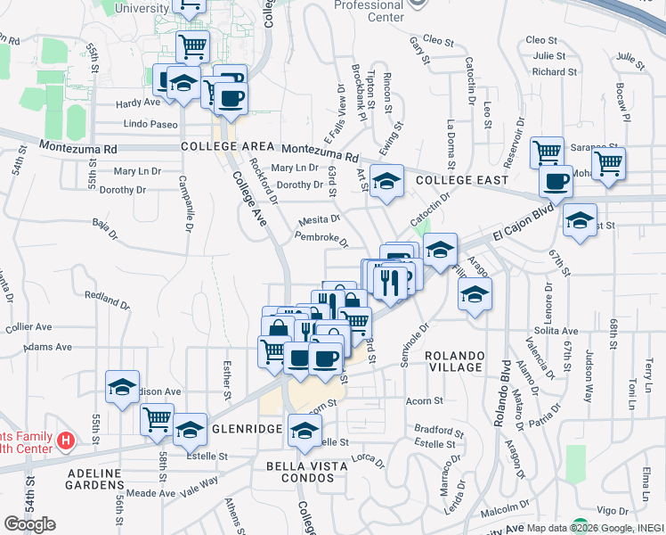 map of restaurants, bars, coffee shops, grocery stores, and more near Stewart Street in San Diego