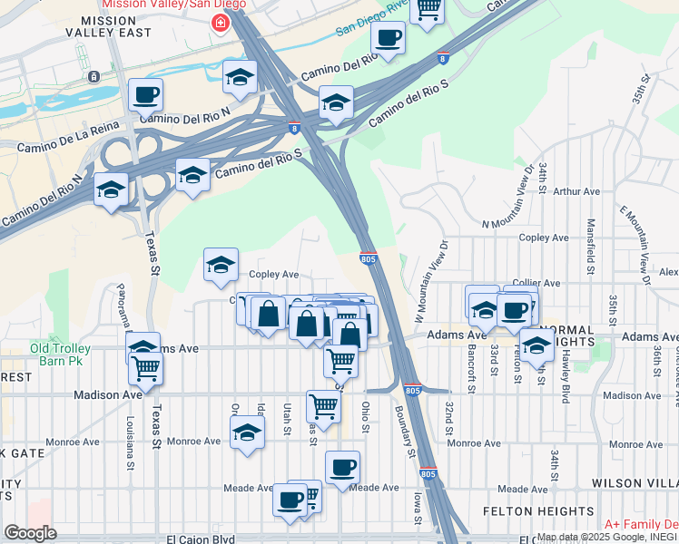 map of restaurants, bars, coffee shops, grocery stores, and more near 2942 Copley Avenue in San Diego