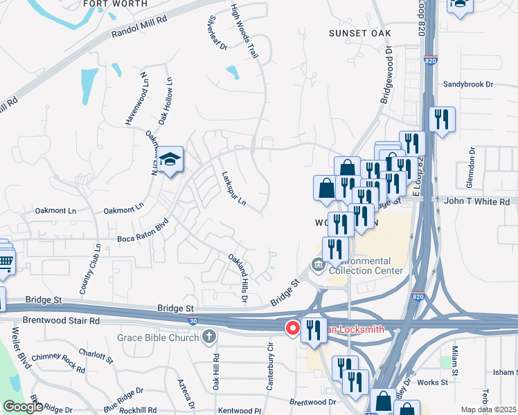 map of restaurants, bars, coffee shops, grocery stores, and more near 921 High Woods Trail in Fort Worth