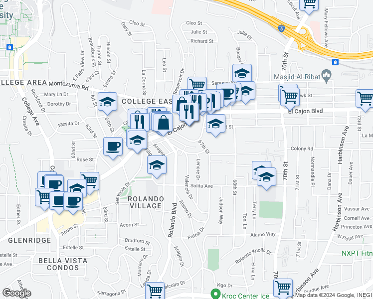 map of restaurants, bars, coffee shops, grocery stores, and more near 6600 Shannon Avenue in San Diego