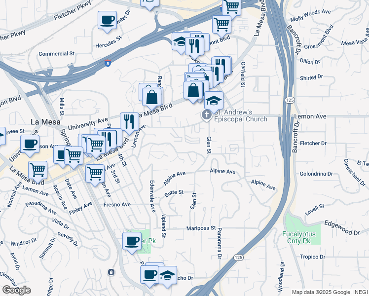 map of restaurants, bars, coffee shops, grocery stores, and more near 8656 Chevy Chase Drive in La Mesa