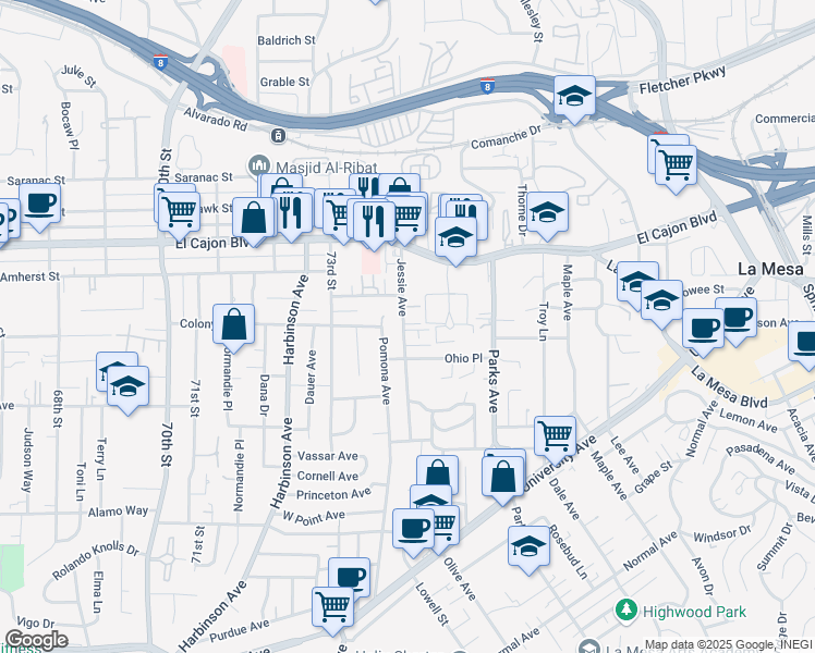 map of restaurants, bars, coffee shops, grocery stores, and more near 4750 Jessie Avenue in La Mesa