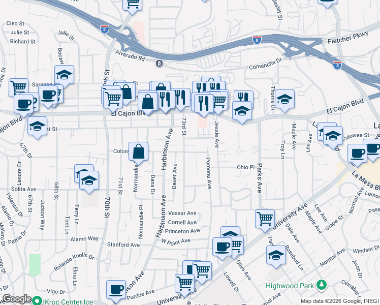 map of restaurants, bars, coffee shops, grocery stores, and more near 7281 Colony Road in La Mesa