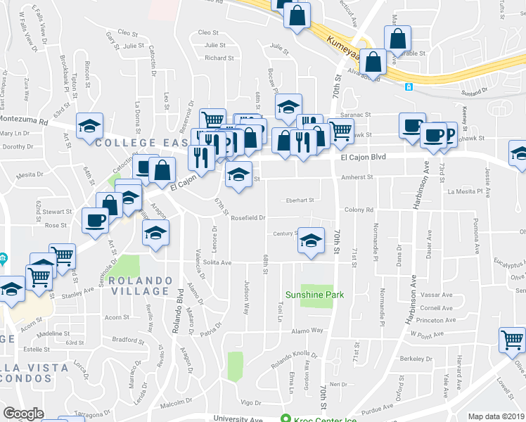 map of restaurants, bars, coffee shops, grocery stores, and more near 4809 68th Street in San Diego