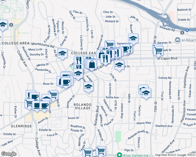 map of restaurants, bars, coffee shops, grocery stores, and more near 4808 Rolando Boulevard in San Diego