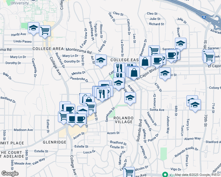 map of restaurants, bars, coffee shops, grocery stores, and more near 6456 El Cajon Boulevard in San Diego