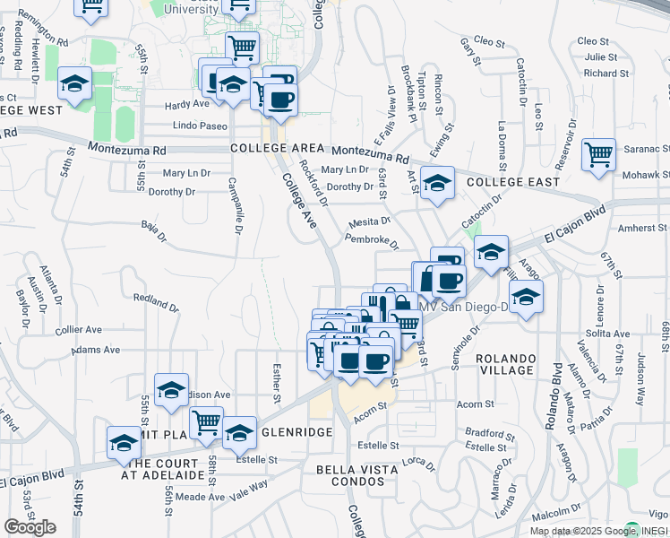 map of restaurants, bars, coffee shops, grocery stores, and more near 4840 College Avenue in San Diego