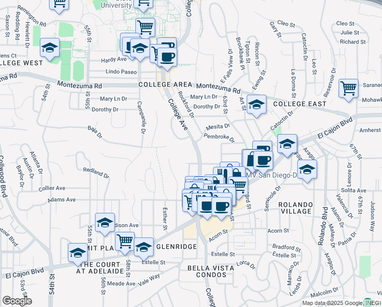 map of restaurants, bars, coffee shops, grocery stores, and more near 4840 College Avenue in San Diego