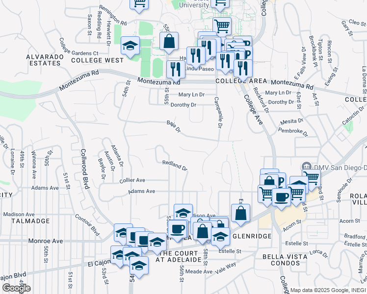 map of restaurants, bars, coffee shops, grocery stores, and more near 5628 Campanile Way in San Diego