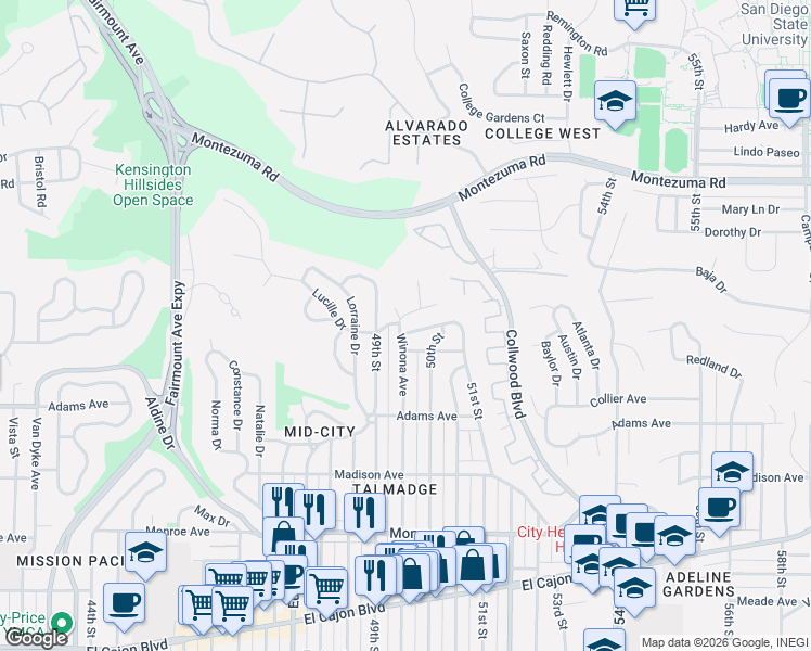 map of restaurants, bars, coffee shops, grocery stores, and more near 4930 Lucille Drive in San Diego