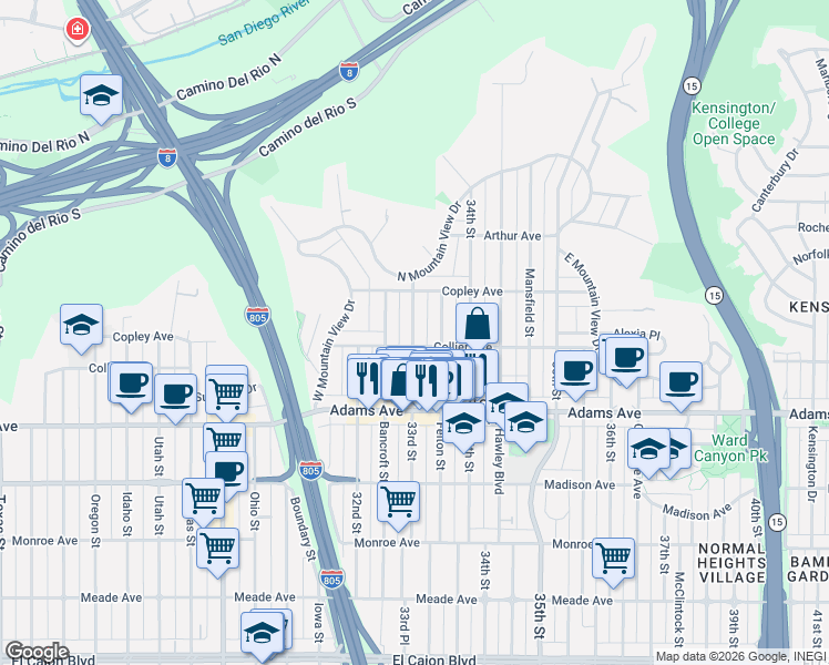 map of restaurants, bars, coffee shops, grocery stores, and more near 4822 33rd Street in San Diego
