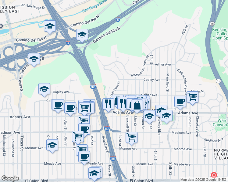 map of restaurants, bars, coffee shops, grocery stores, and more near 4828 West Mountain View Drive in San Diego