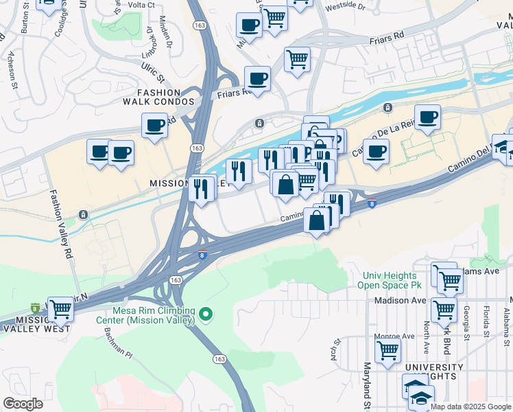 map of restaurants, bars, coffee shops, grocery stores, and more near 750 Camino Del Rio North in San Diego