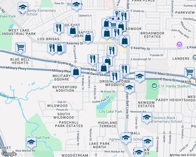map of restaurants, bars, coffee shops, grocery stores, and more near 222 West Davis Street in Mesquite