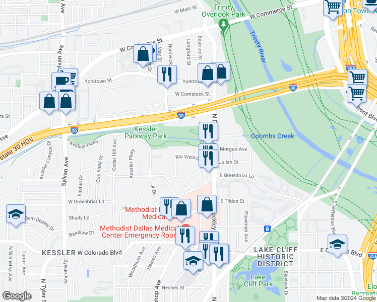 map of restaurants, bars, coffee shops, grocery stores, and more near 1628 Rio Vista Drive in Dallas