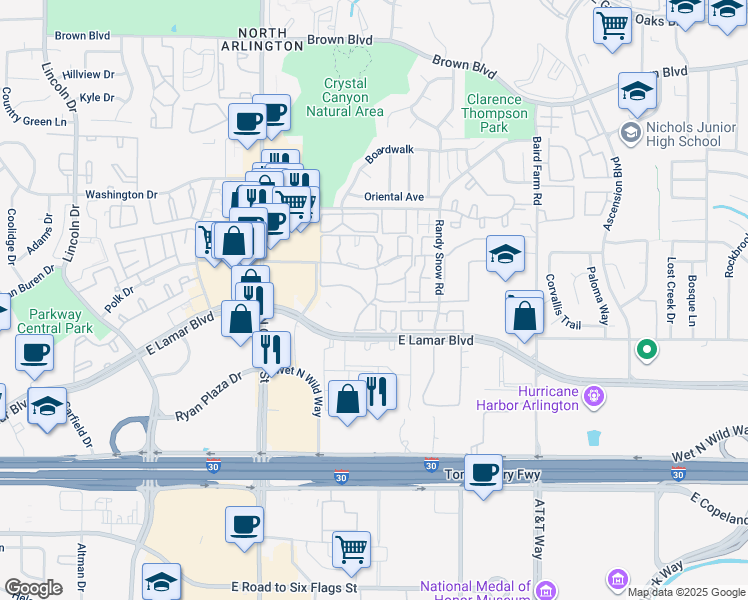 map of restaurants, bars, coffee shops, grocery stores, and more near 2006 Cloisters Drive in Arlington