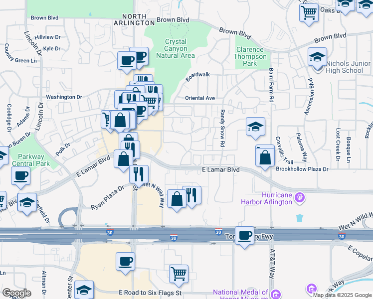 map of restaurants, bars, coffee shops, grocery stores, and more near 2006 Cloisters Drive in Arlington