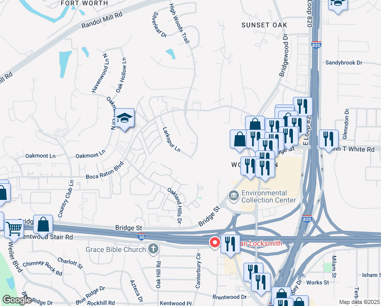 map of restaurants, bars, coffee shops, grocery stores, and more near 921 High Woods Trail in Fort Worth