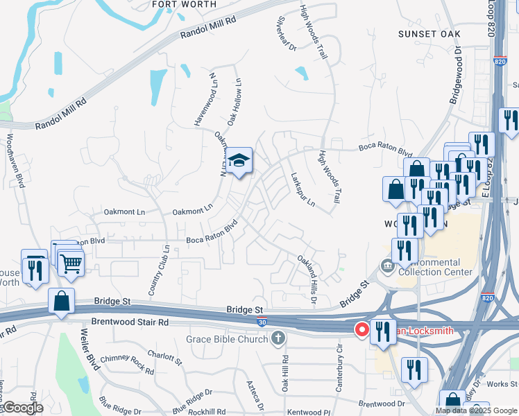 map of restaurants, bars, coffee shops, grocery stores, and more near 897 Boca Hill Circle in Fort Worth