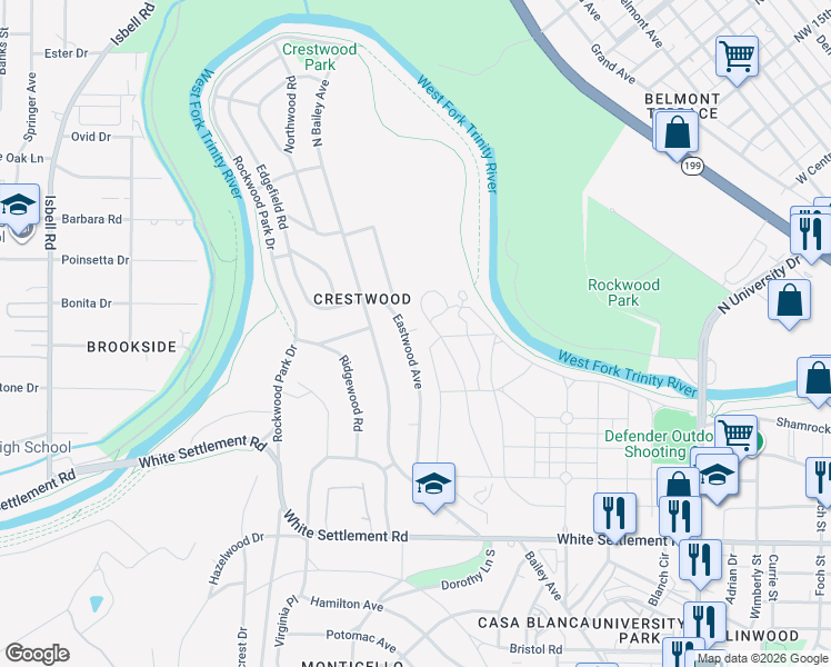 map of restaurants, bars, coffee shops, grocery stores, and more near 500 Eastwood Avenue in Fort Worth