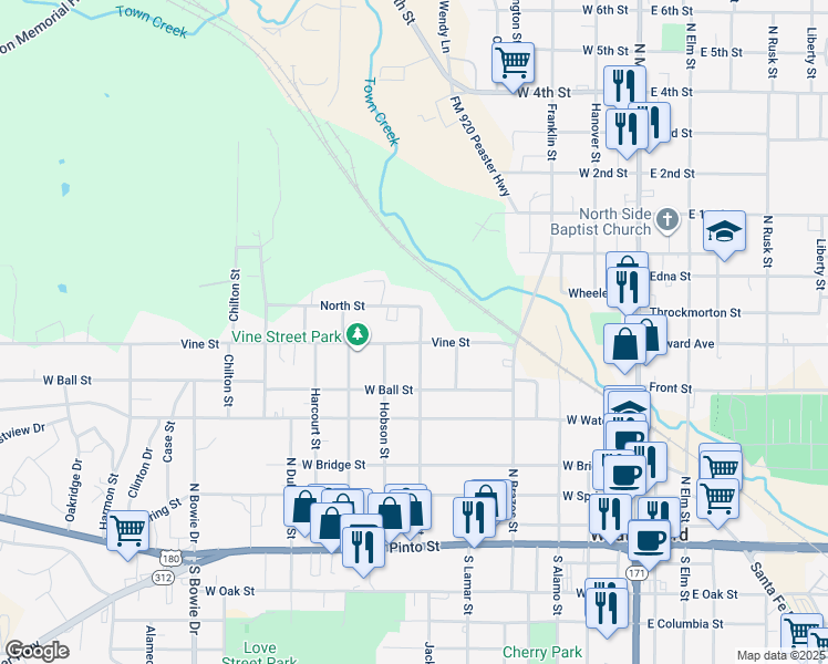 map of restaurants, bars, coffee shops, grocery stores, and more near 602 Vine Street in Weatherford