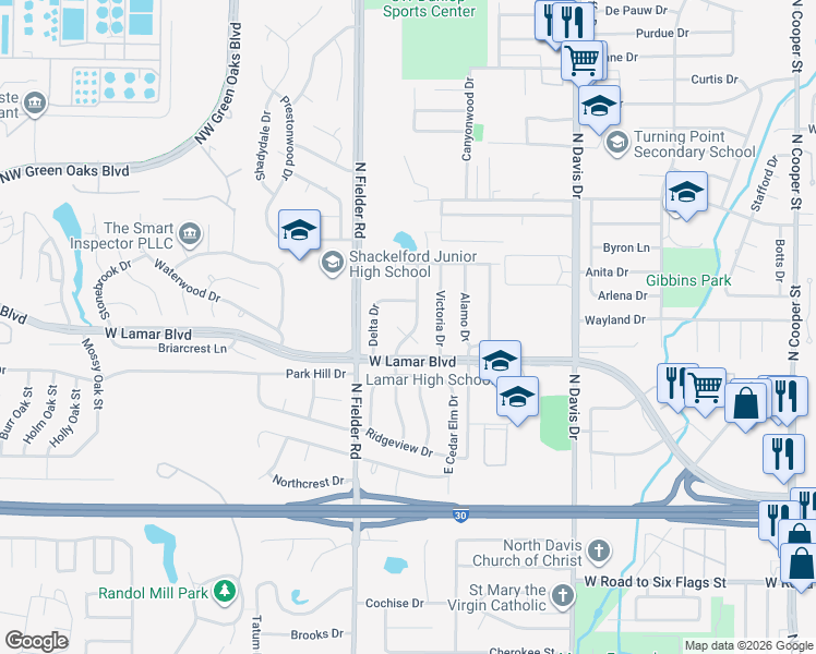 map of restaurants, bars, coffee shops, grocery stores, and more near 1912 Elmhurst Drive in Arlington