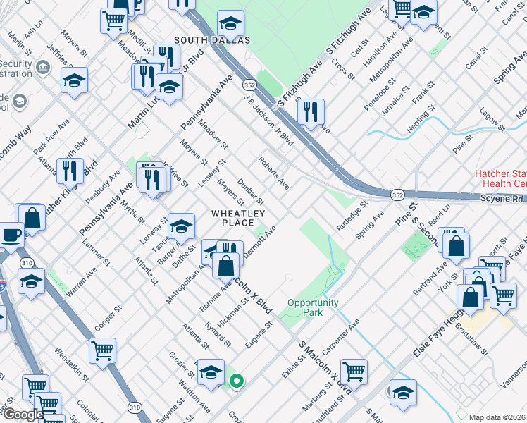 map of restaurants, bars, coffee shops, grocery stores, and more near 3719 Dunbar Street in Dallas