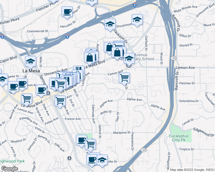map of restaurants, bars, coffee shops, grocery stores, and more near 8580 Chevy Chase Drive in La Mesa