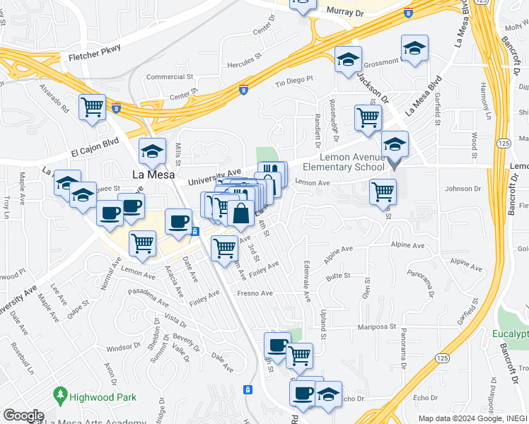 map of restaurants, bars, coffee shops, grocery stores, and more near 8407 La Mesa Boulevard in La Mesa