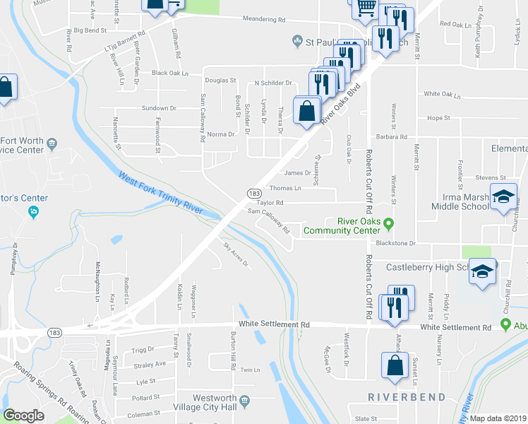 map of restaurants, bars, coffee shops, grocery stores, and more near Sam Calloway Road in Fort Worth