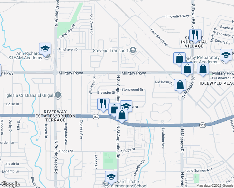 map of restaurants, bars, coffee shops, grocery stores, and more near 9556 Brewster Street in Dallas