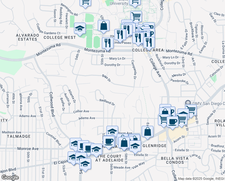 map of restaurants, bars, coffee shops, grocery stores, and more near 5628 Campanile Way in San Diego