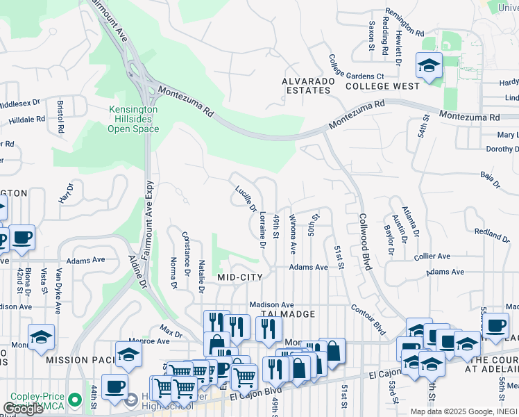 map of restaurants, bars, coffee shops, grocery stores, and more near 4818 Lucille Drive in San Diego