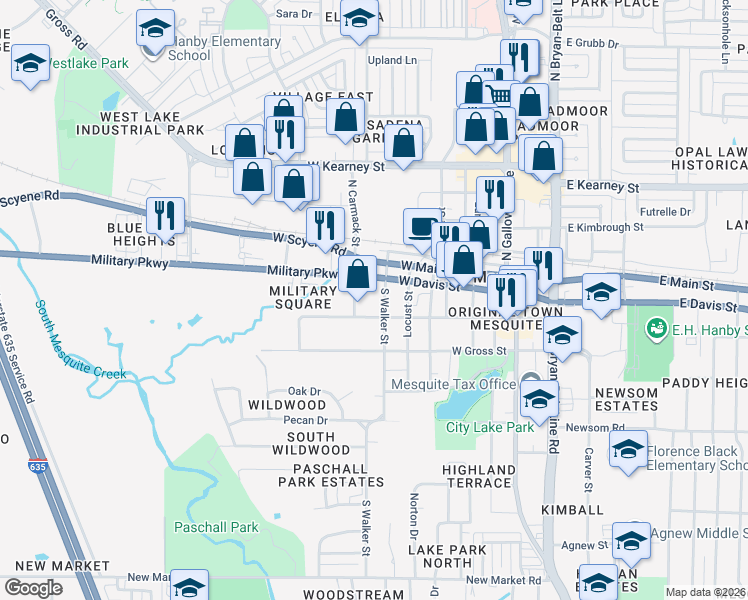 map of restaurants, bars, coffee shops, grocery stores, and more near 215 South Walker Street in Mesquite