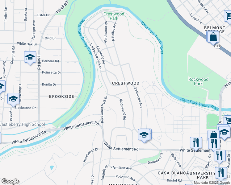 map of restaurants, bars, coffee shops, grocery stores, and more near 3720 Cresthaven Terrace in Fort Worth