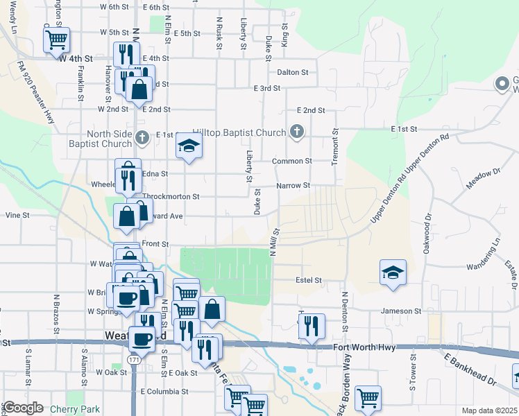 map of restaurants, bars, coffee shops, grocery stores, and more near 604 Duke Street in Weatherford