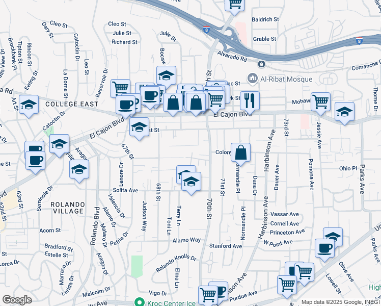 map of restaurants, bars, coffee shops, grocery stores, and more near 4750 70th Street in La Mesa