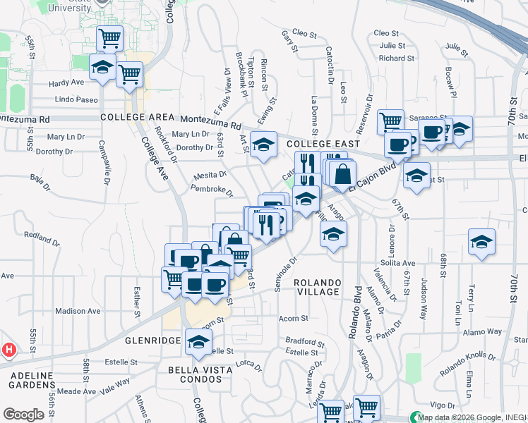 map of restaurants, bars, coffee shops, grocery stores, and more near 4847 Art Street in San Diego