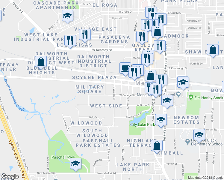 map of restaurants, bars, coffee shops, grocery stores, and more near 215 South Walker Street in Mesquite