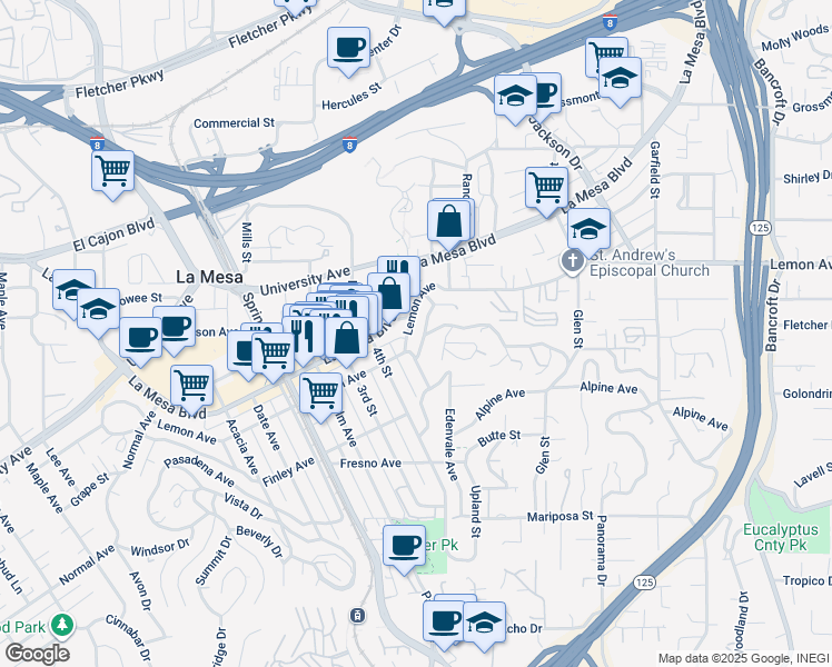 map of restaurants, bars, coffee shops, grocery stores, and more near 8440 Hillcrest Avenue in La Mesa