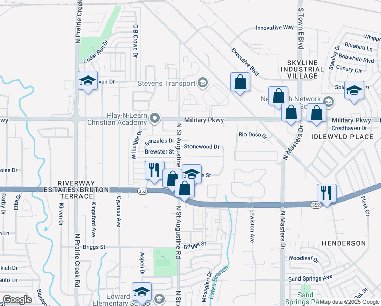 map of restaurants, bars, coffee shops, grocery stores, and more near 9639 Valley Mills Lane in Dallas