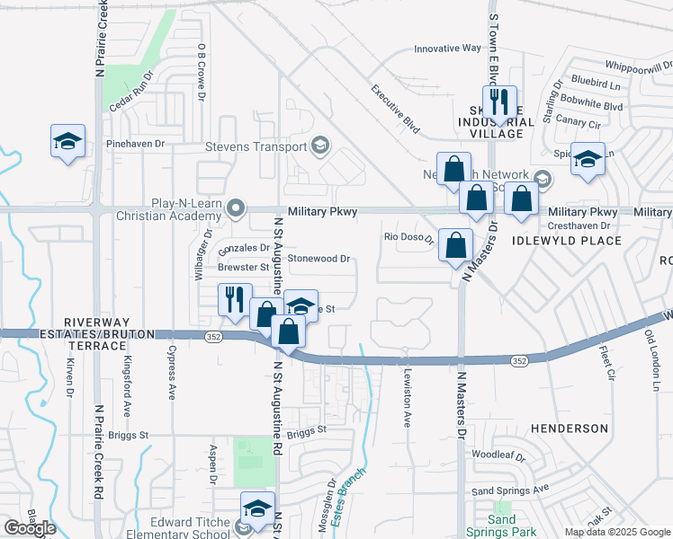 map of restaurants, bars, coffee shops, grocery stores, and more near 9723 Valley Mills Lane in Dallas