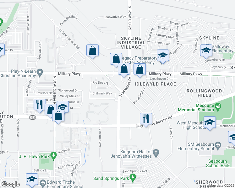 map of restaurants, bars, coffee shops, grocery stores, and more near 3528 Chilmark Way in Dallas