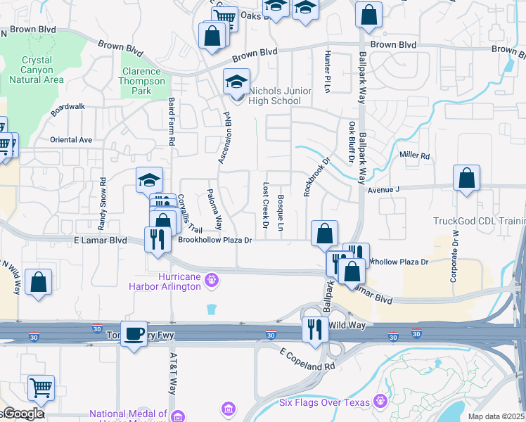 map of restaurants, bars, coffee shops, grocery stores, and more near 1918 Lost Creek Drive in Arlington