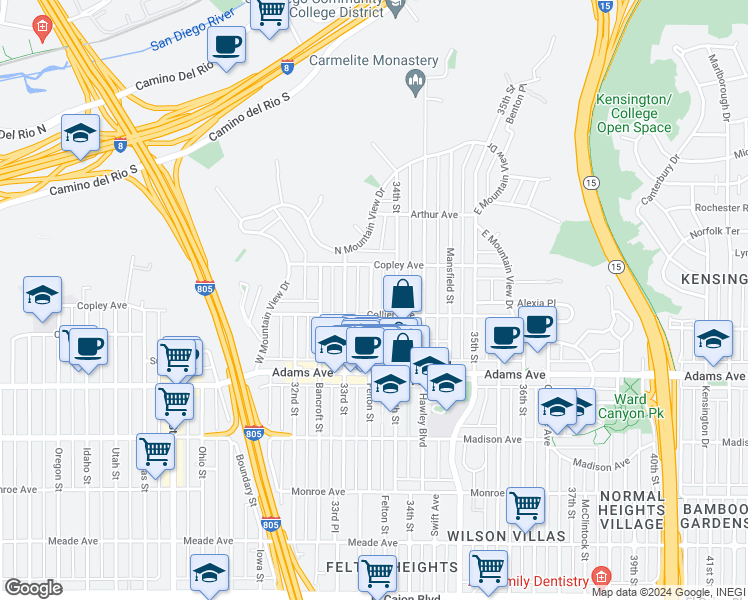 map of restaurants, bars, coffee shops, grocery stores, and more near 4823 Felton Street in San Diego