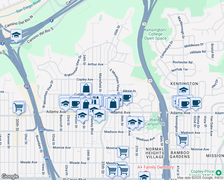 map of restaurants, bars, coffee shops, grocery stores, and more near 4827 35th Street in San Diego
