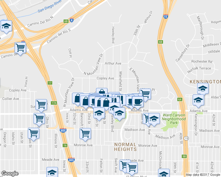 map of restaurants, bars, coffee shops, grocery stores, and more near 4824 Hawley Boulevard in San Diego