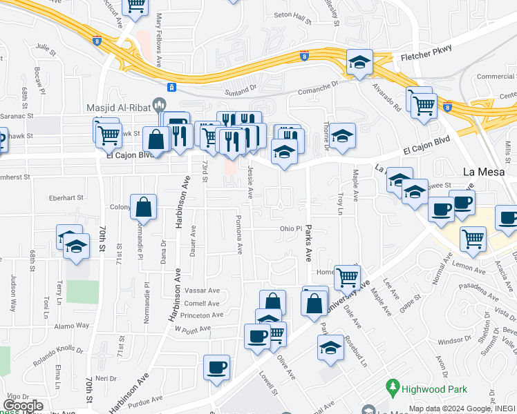 map of restaurants, bars, coffee shops, grocery stores, and more near 4750 Jessie Avenue in La Mesa