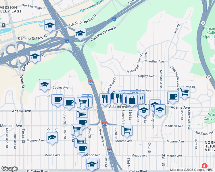 map of restaurants, bars, coffee shops, grocery stores, and more near 4828 West Mountain View Drive in San Diego